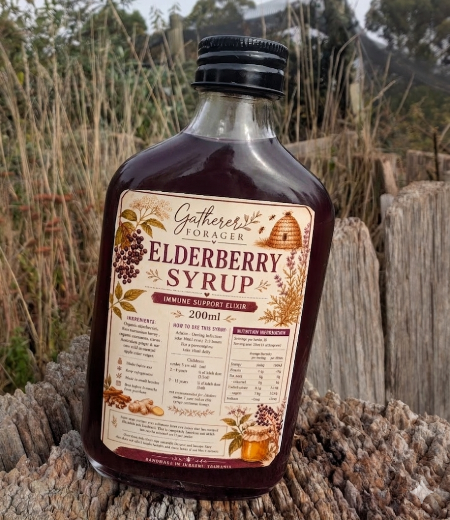 Bottle of Gatherer Forager Elderberry Syrup on a wooden surface with a natural background