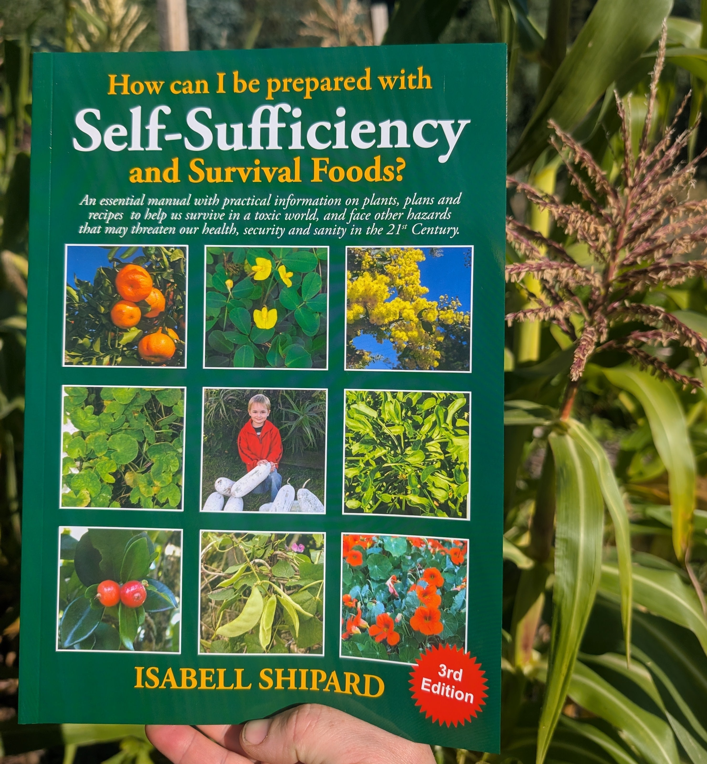 Book titled 'How can I be prepared with Self-Sufficiency and Survival Foods?' held in front of greenery.