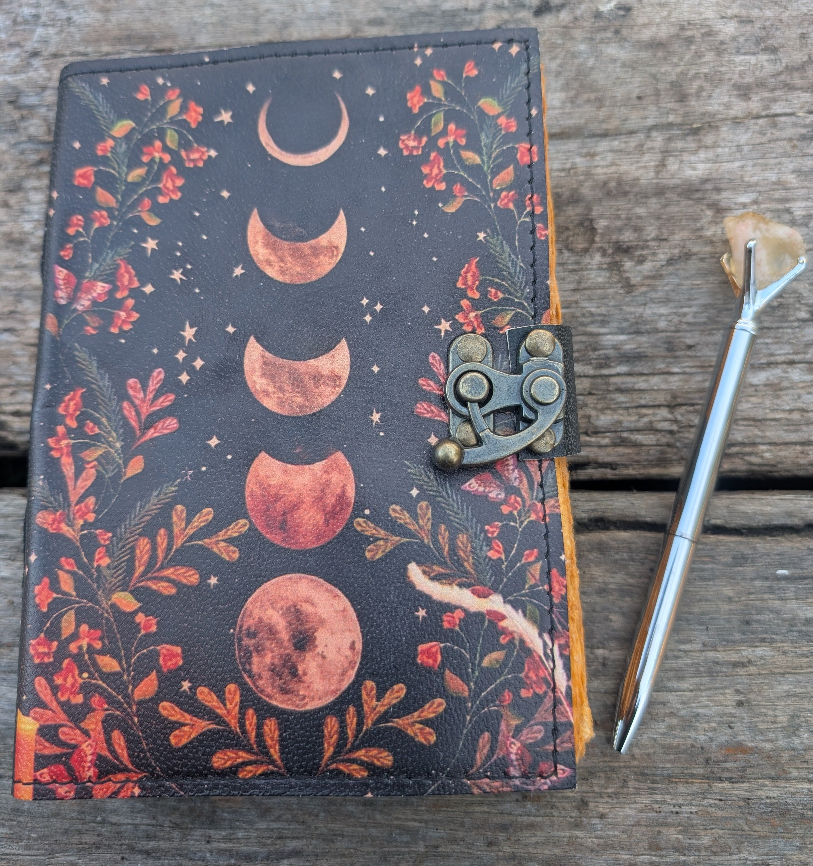 Sun & Moon leather journal with vintage lock, handmade deckle edge paper, 7x5 inches