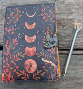Sun & Moon leather journal with vintage lock, handmade deckle edge paper, 7x5 inches