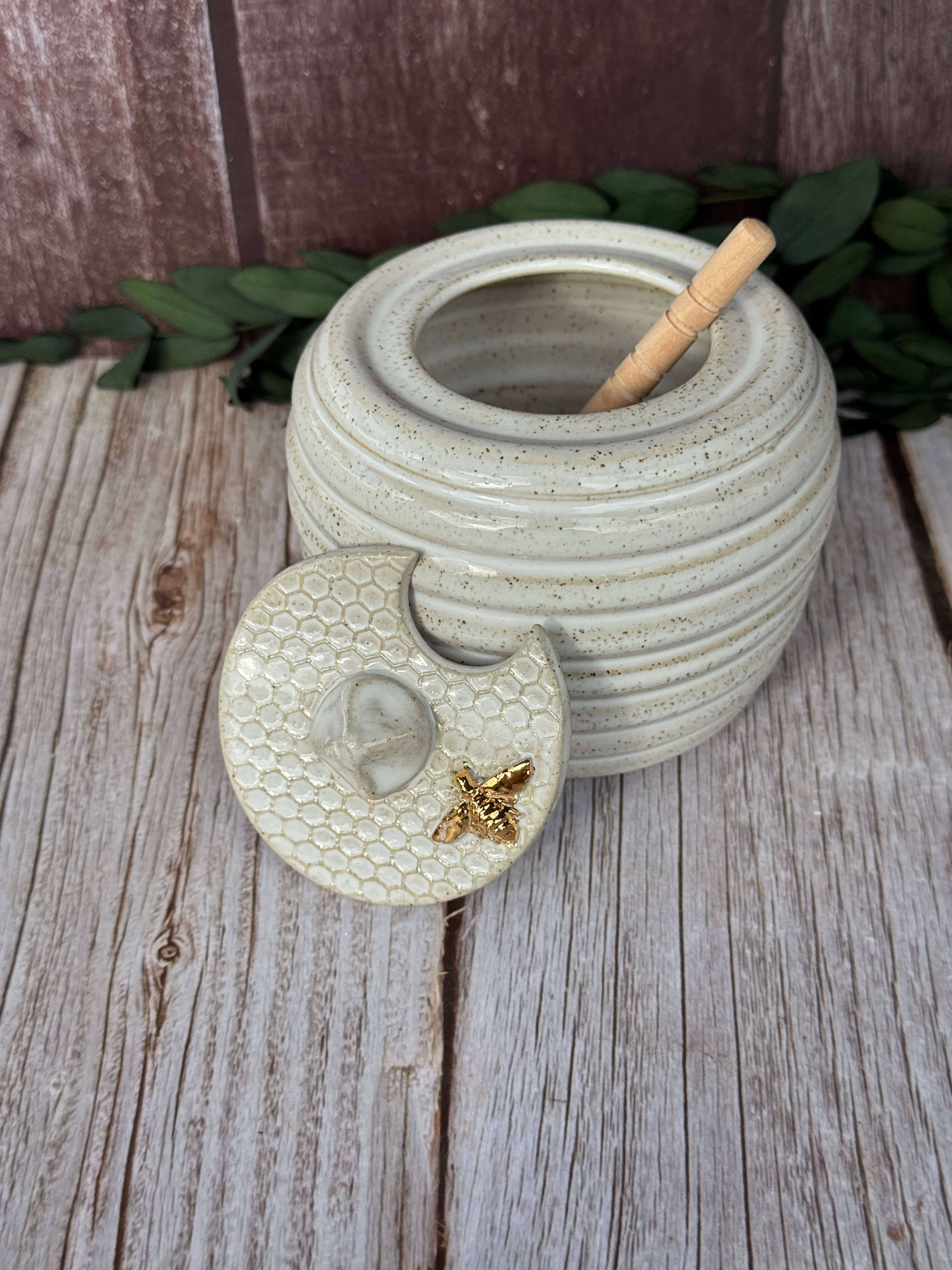 Ceramic Honey Pot | Handmade Stoneware White with golden bee Secondary image