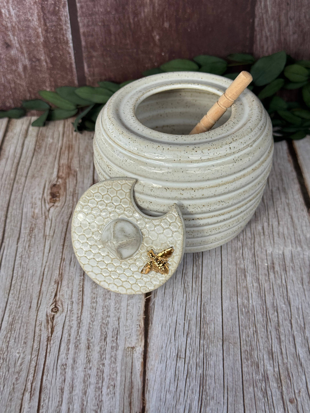 Ceramic Honey Pot | Handmade Stoneware White with golden bee