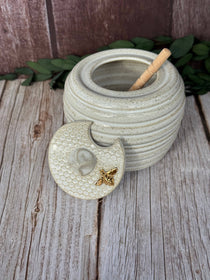 Ceramic Honey Pot | Handmade Stoneware White with golden bee