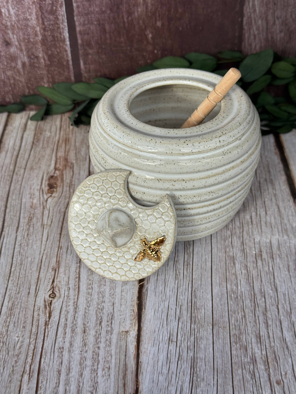 Ceramic Honey Pot | Handmade Stoneware White with golden bee