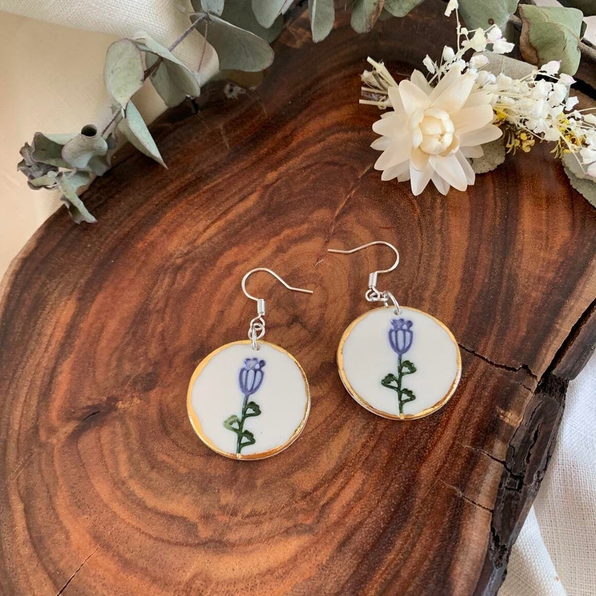 Handmade Ceramic Earrings -Purple flower Secondary image