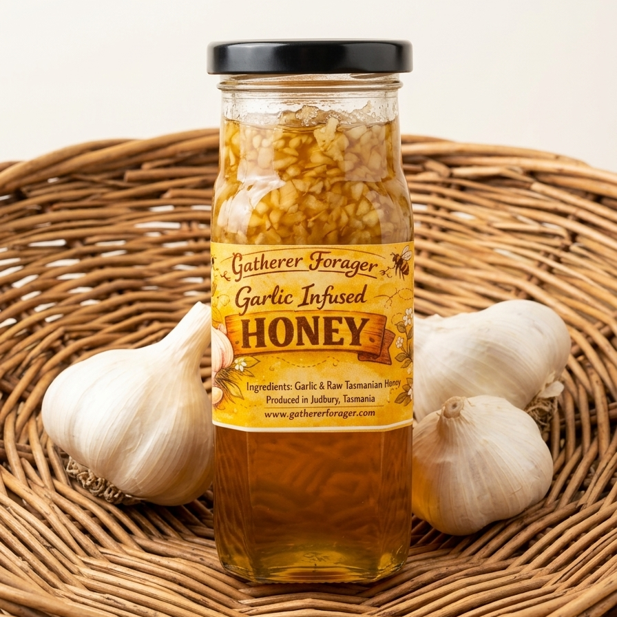 Jar of Garlic Infused Honey with garlic bulbs on a woven basket