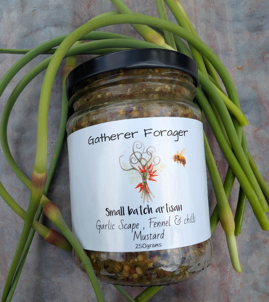 Garlic scape , chilli , fennel wholegrain mustard 