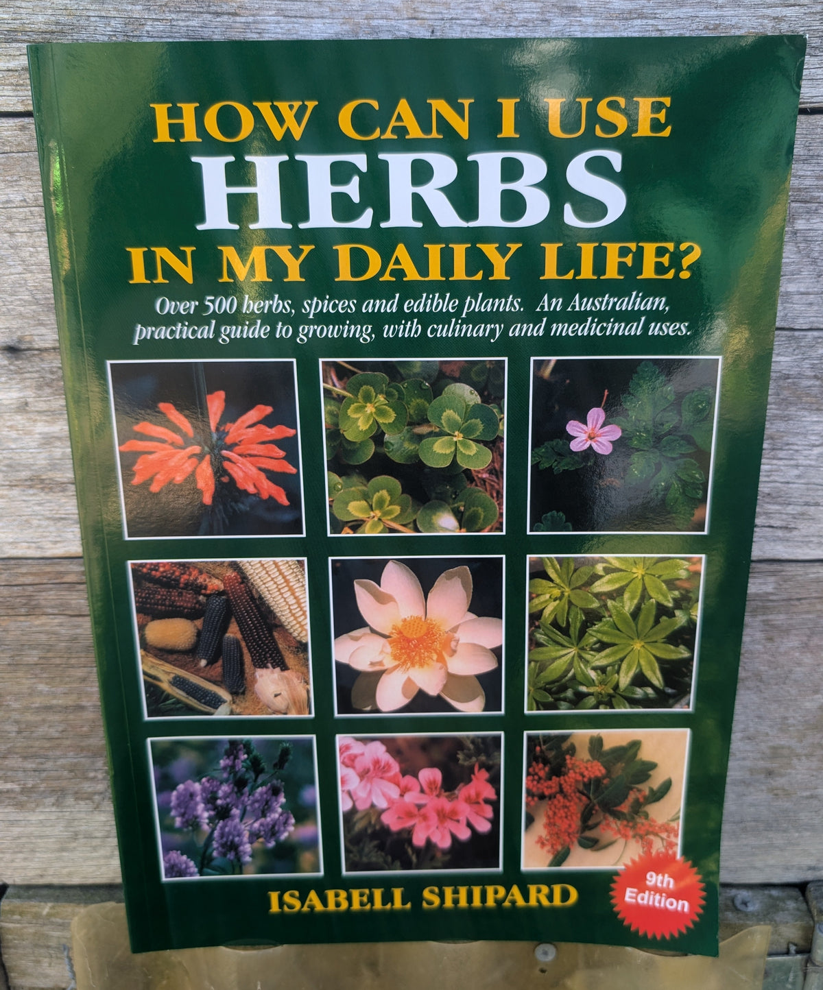 Book titled 'How Can I Use Herbs in My Daily Life?' by Isabell Shipard on a wooden surface