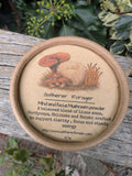 Mushroom powder for energy and immunity cardboard container with botanical illustration and text on a wooden surface with plants in the background