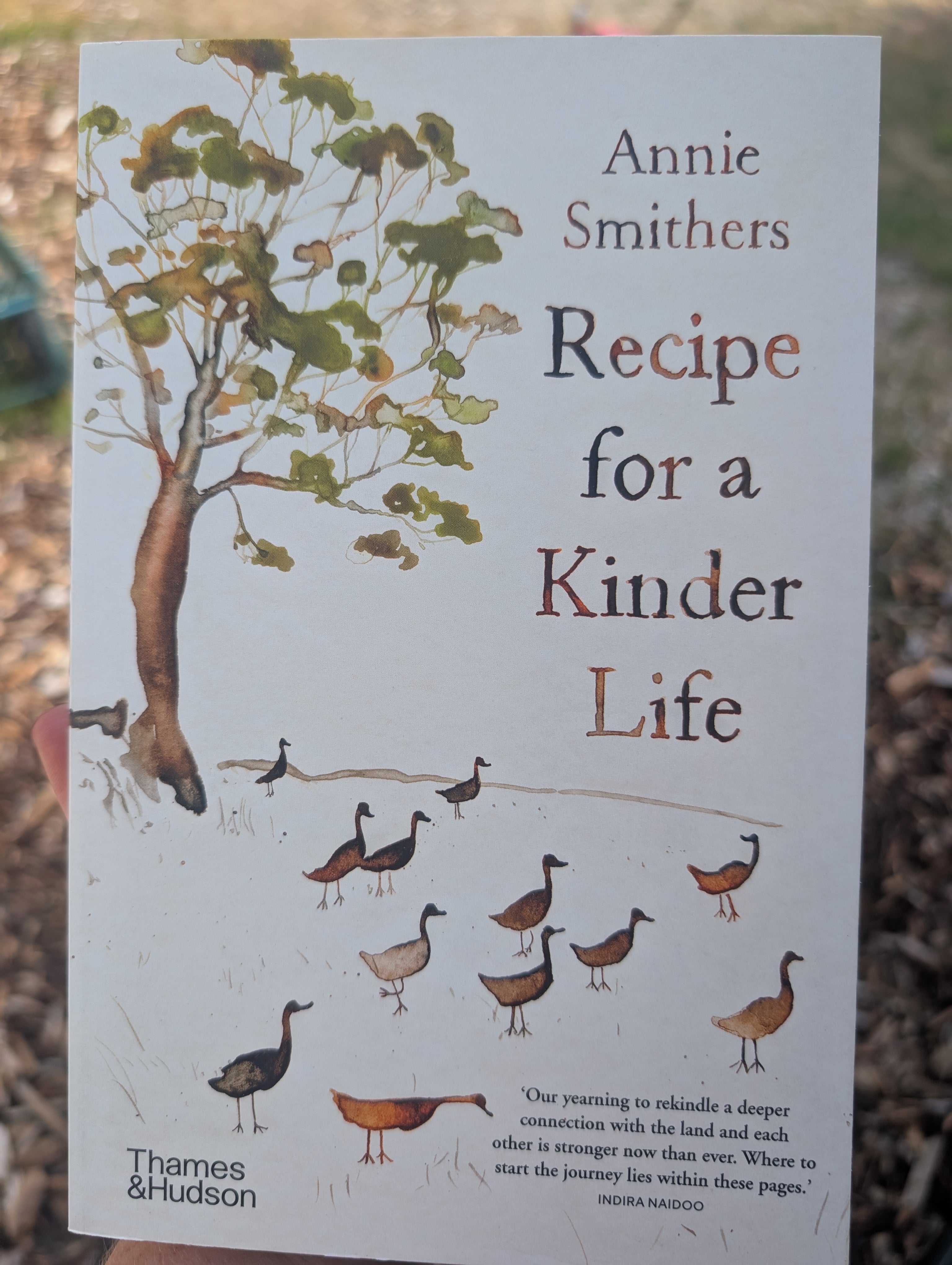 Book cover of 'Recipe for a Kinder Life' by Annie Smithers with illustrations of a tree and birds.