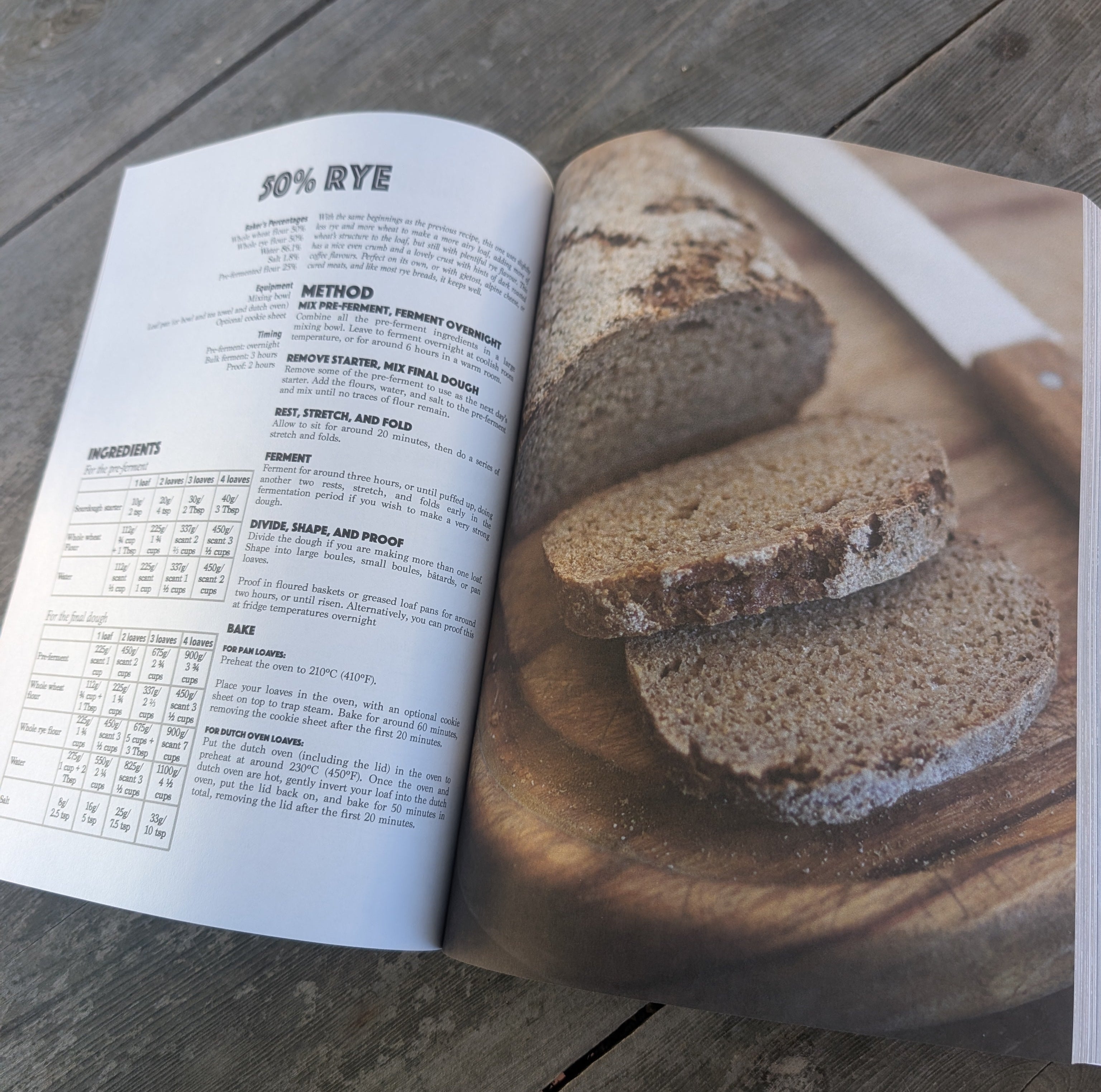 Open book showing a recipe for rye bread on a wooden surface