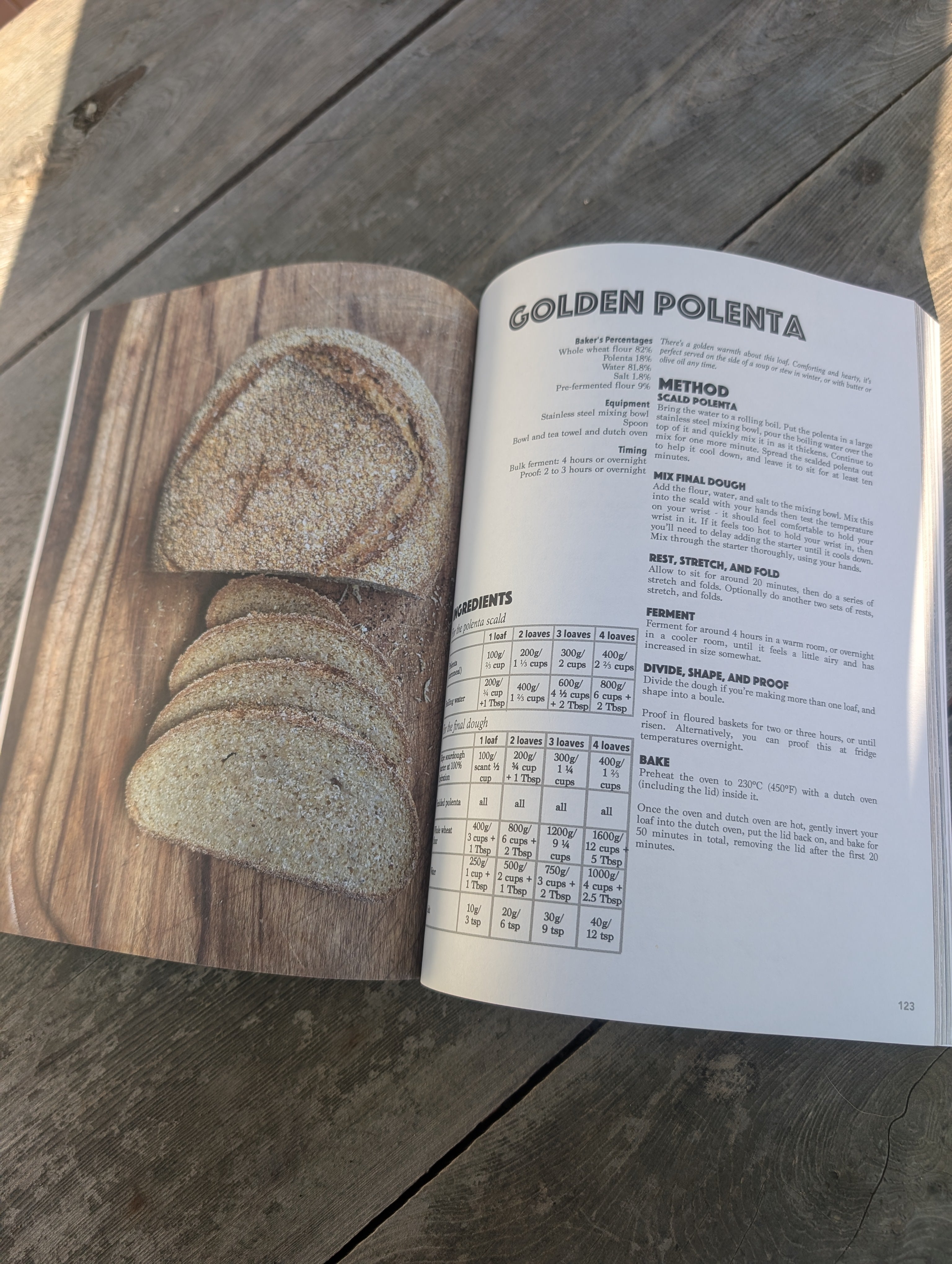 Open cookbook on a wooden surface with a recipe for golden polenta sourdough Kate Downham 