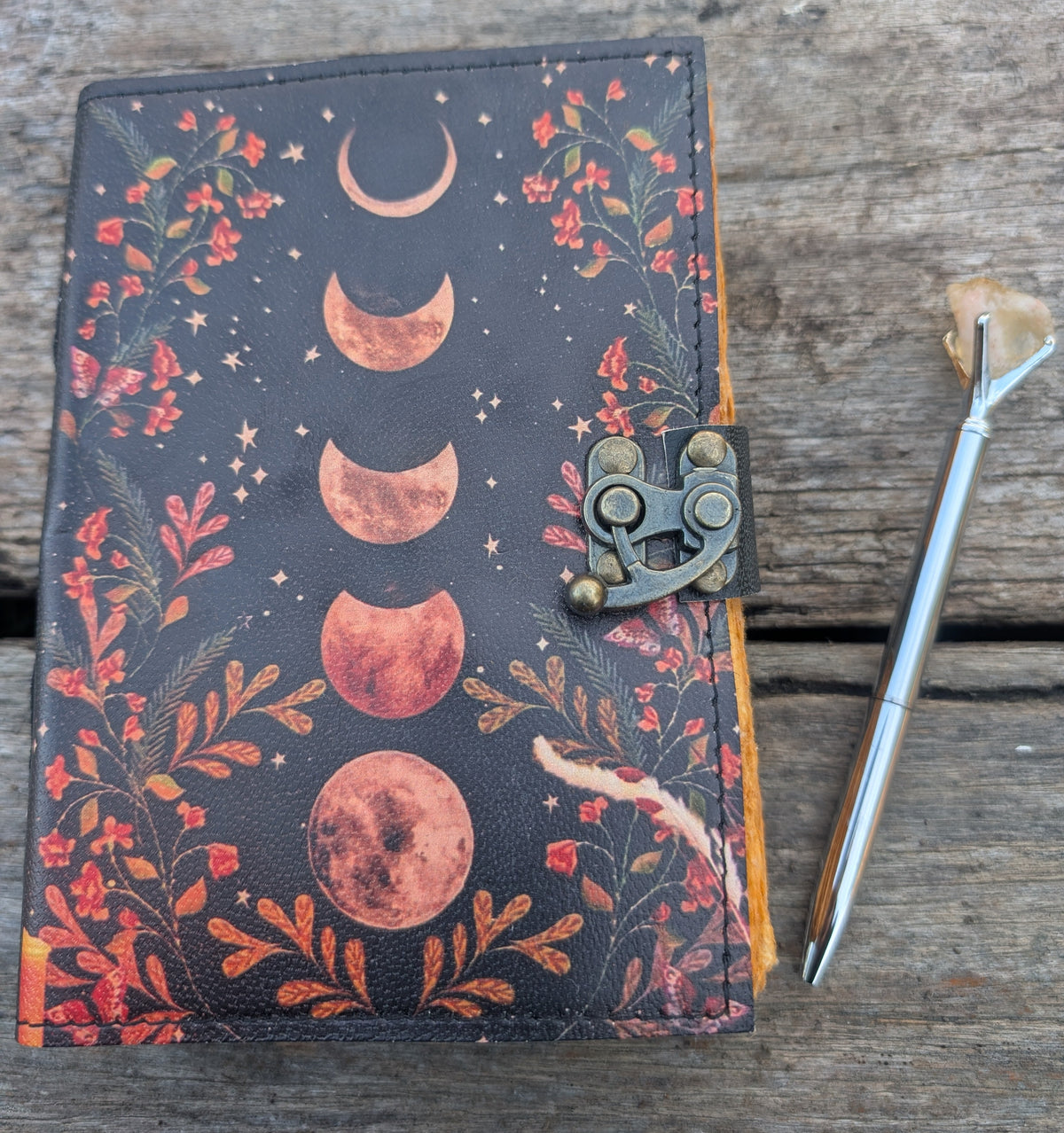 Sun & Moon leather journal with vintage lock, handmade deckle edge paper, 7x5 inches Main image
