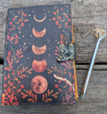 Sun & Moon leather journal with vintage lock, handmade deckle edge paper, 7x5 inches