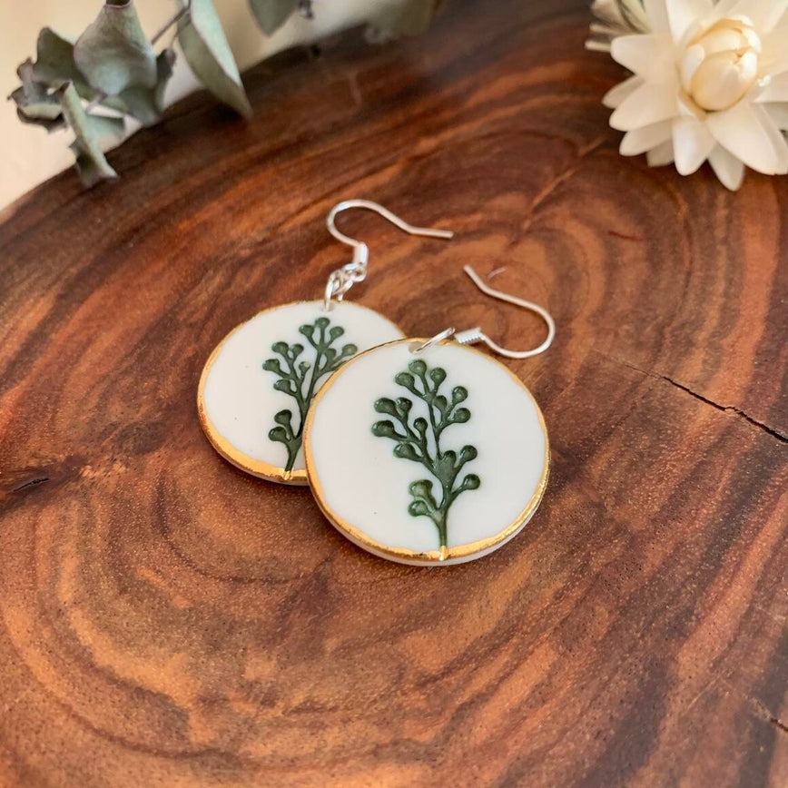 Handmade Ceramic Earrings - Green plant