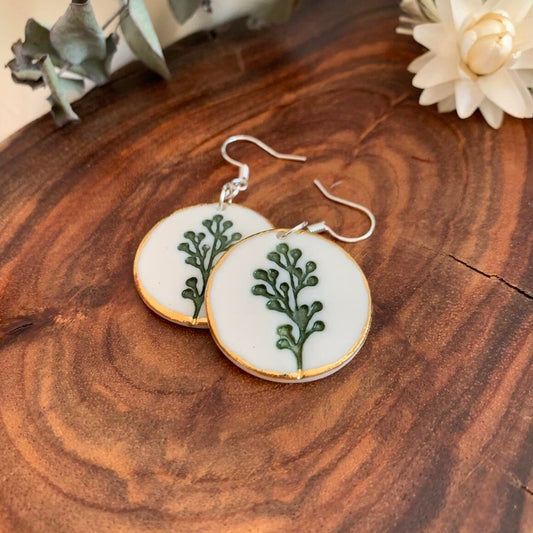 Handmade Ceramic Earrings - Green plant