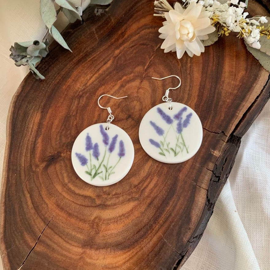 Handmade Ceramic Earrings - Lavender Flower