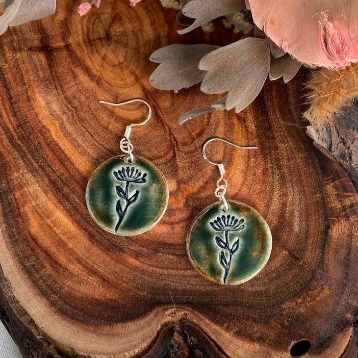 Handmade Ceramic Earrings - Dark green Sage Main image