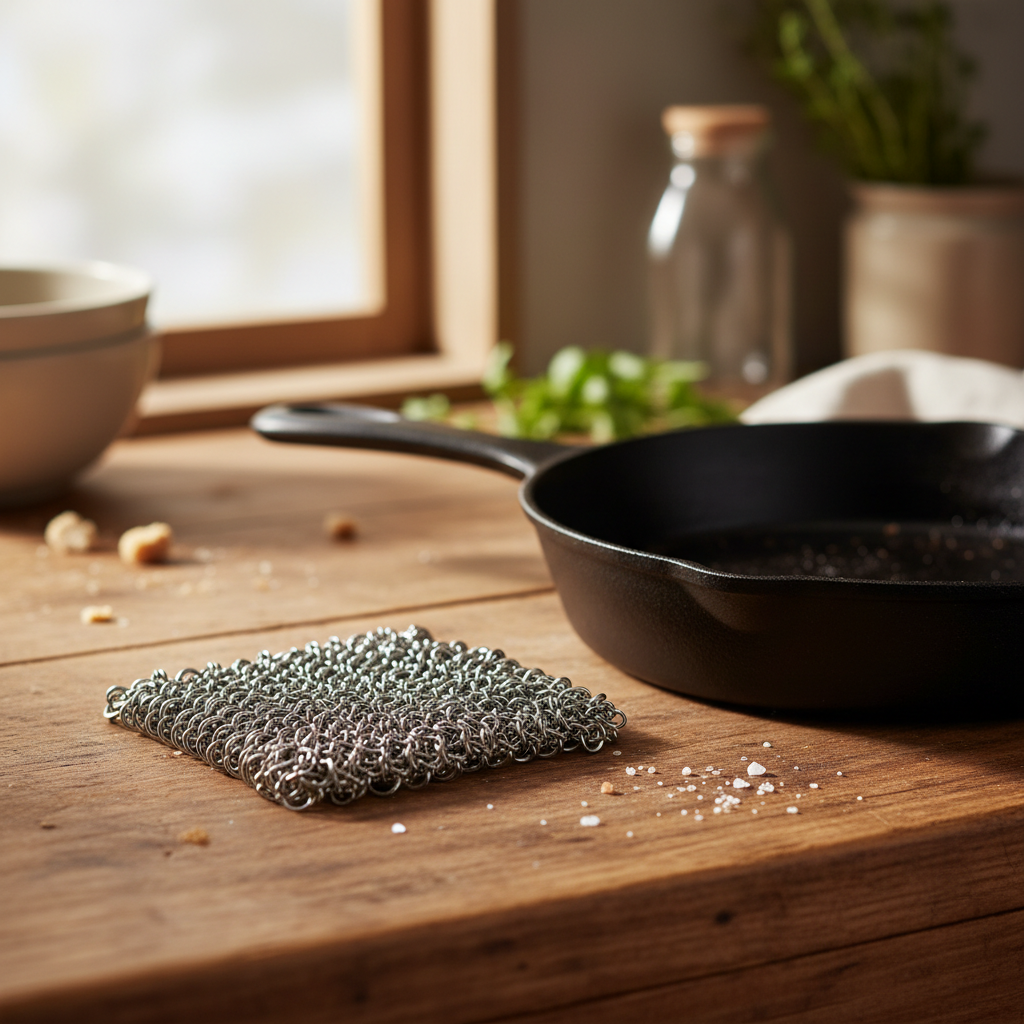 A square metal mesh scrubber pad lies on a rustic wooden table next to a black cast iron skillet, with a softly blurred kitchen background including a window, bowl, and plant.